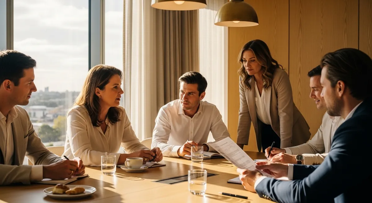 Australian executives in a sunlit boardroom reviewing a printed report during a working meeting