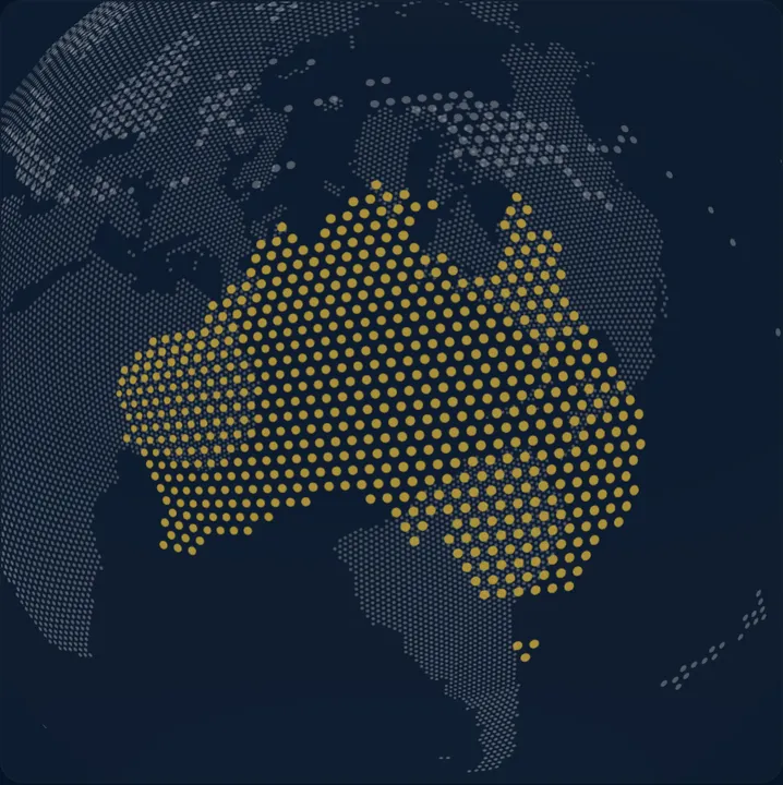 3D globe visualisation highlighting Australia, representing Corporate Agents' Australian-first delivery across Azure AI, Vertex AI, and Amazon Bedrock