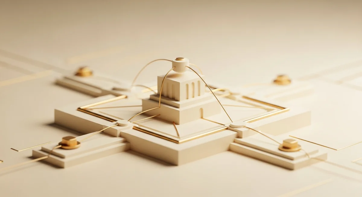 Isometric illustration of interconnected AI agent nodes orchestrating enterprise workflows